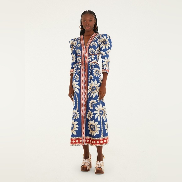 blue rio organic cotton maxi dress FARM Rio Embroidered Lace Front Bow Maxi Dress